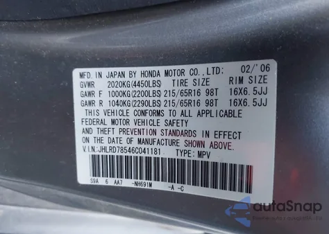 2006 Honda Cr-V Lx from USA, damaged, VIN JHLRD78546C041181